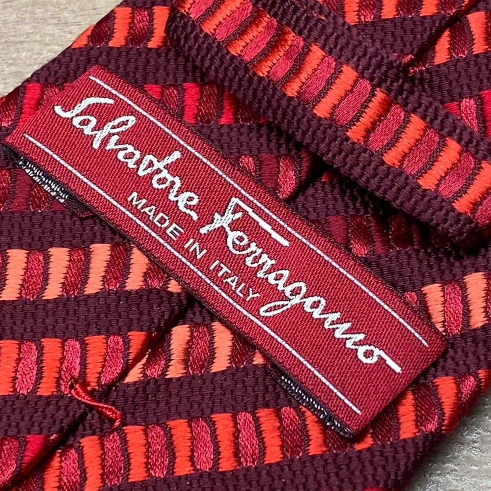 Salvatore Ferragamo Silk Necktie Geometric Stripe Italy Burgundy Orange Luxury